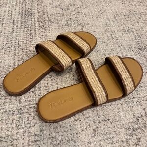 Madewell Double-Strap Slide Sandals – Woven Raffia & Leather – Size 10